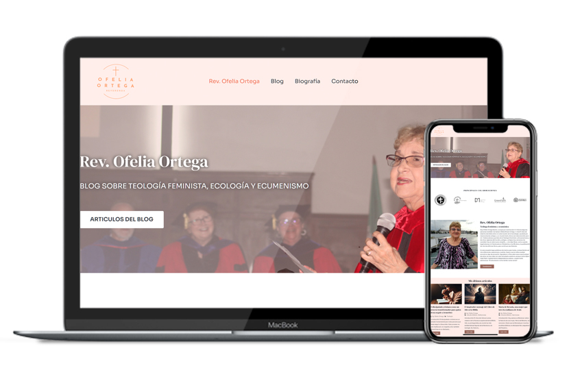 Captura de pantalla del blog personal de la Rev. Ofelia Ortega mostrando diseño web profesional con cabecera, artículos destacados y secciones de libros y colaboraciones.
