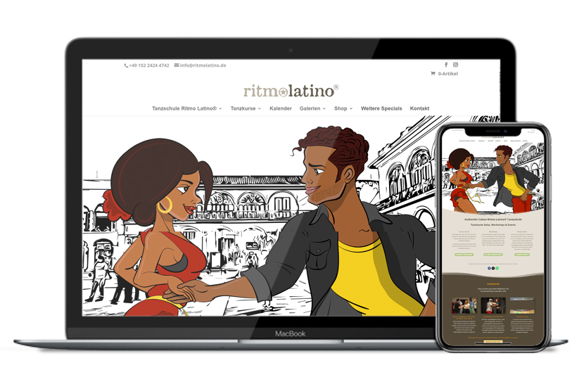 Mockup de sitio web responsivo para escuela de baile Ritmo Latino con ilustraciones coloridas, en pantalla de laptop y móvil.