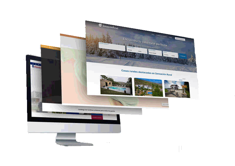 Diseños de páginas web variados ilustrados en monitor, ejemplos de sitios modernos y profesionales.