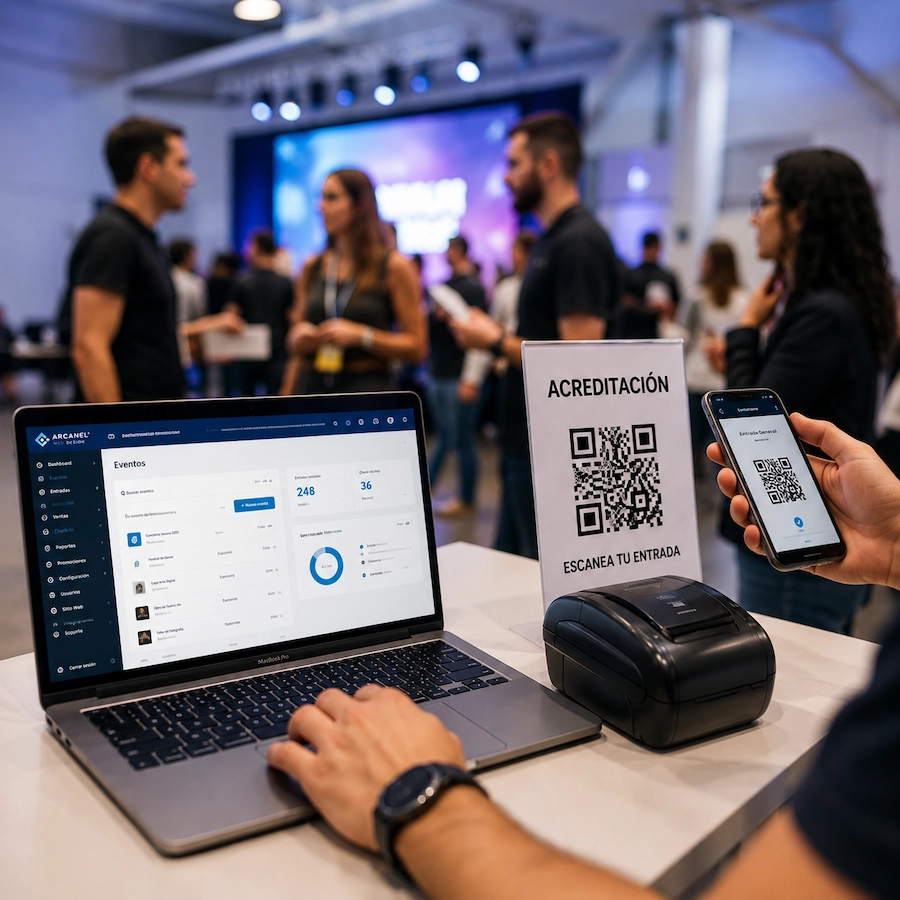 Organizador gestionando un sistema de reservas y venta de entradas para un evento mediante WordPress con acreditación por código QR.
