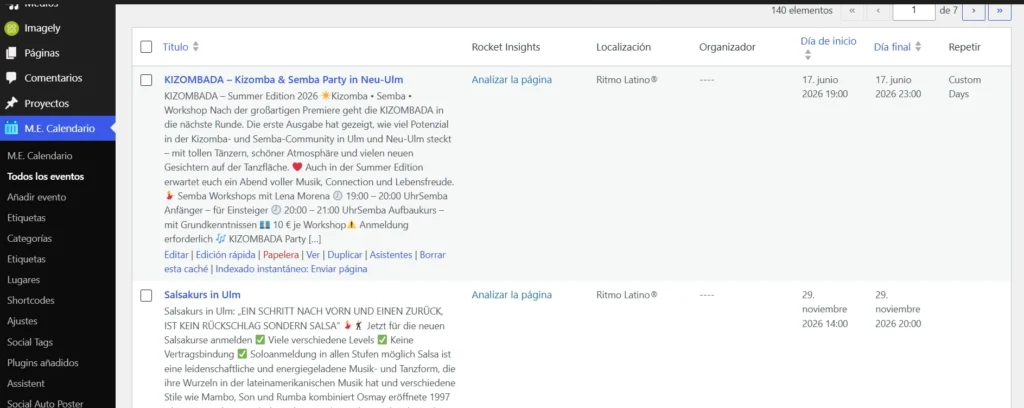 Panel de WordPress para gestionar reservas con Modern Events Calendar