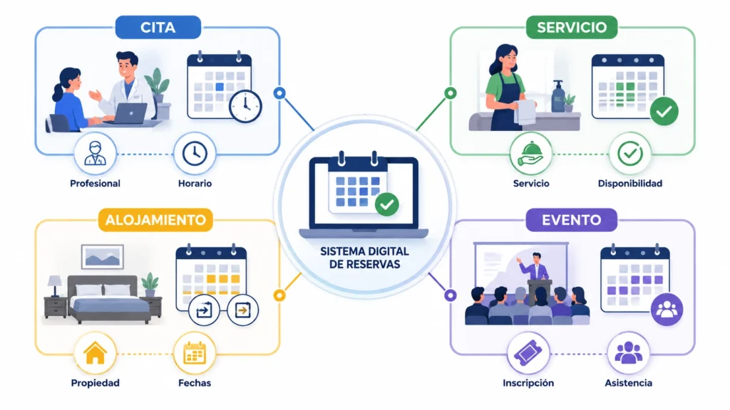 Diferencias entre citas, servicios, alojamientos y eventos en sistemas de reservas.